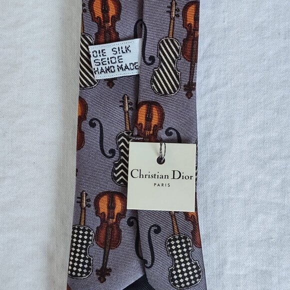 Christian Dior Paris Neck Tie France 100% Silk Instrument Music Cello Print NWT - Picture 4 of 9